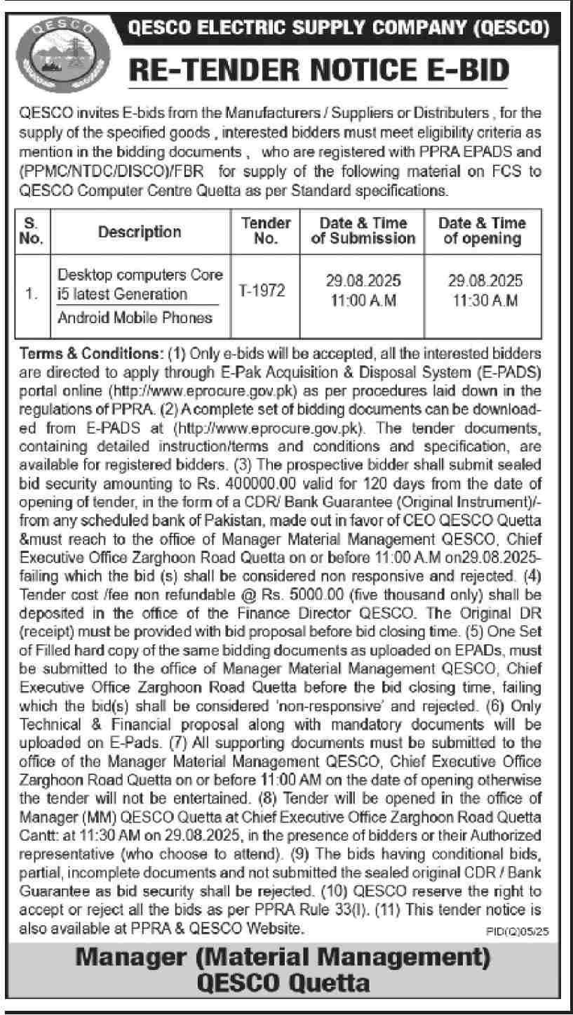 QESCO Quetta Tender Notice